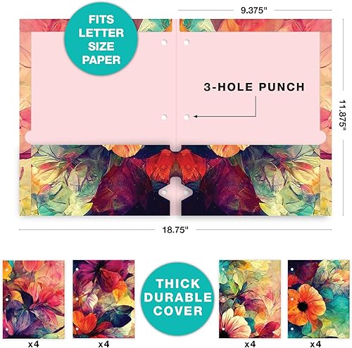 Miniatura 3 de Global Printed Products Carpetas de bolsillo de diseño de lujo, tamaño carta, 3 agujeros perforados, 4 patrones, 16paquete (floral abstracto)
