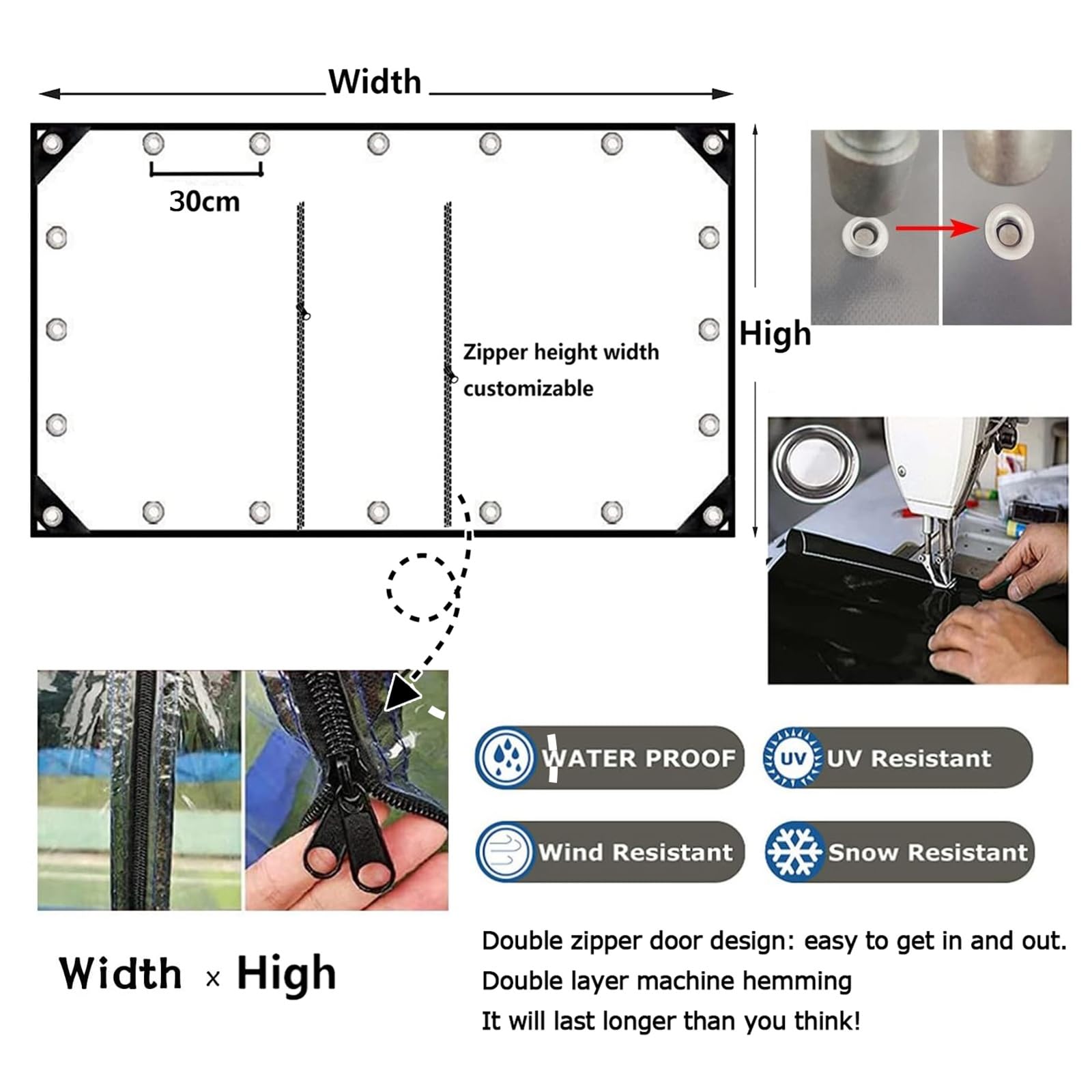 PVC Doorzichtig Zeildoek Met Dubbele Rits – 0,5 Mm Dik – Waterdicht En UV-bestendig – Voor Terras, Tuin En Balkon