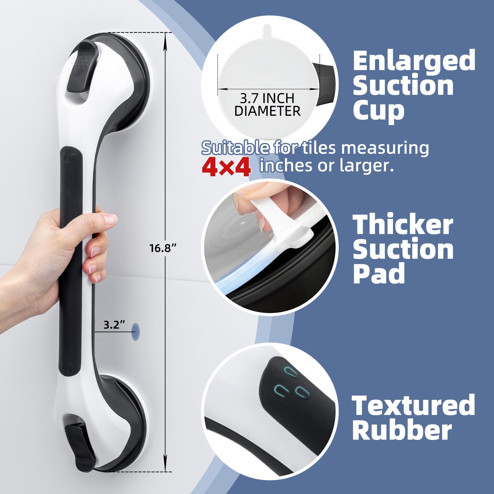 Paquete de 2 barras de agarre para ducha que brillan en la oscuridad, barras de agarre de 16 pulgadas para baño y ducha, pasamanos de seguridad con ventosa para personas mayores y mayores,