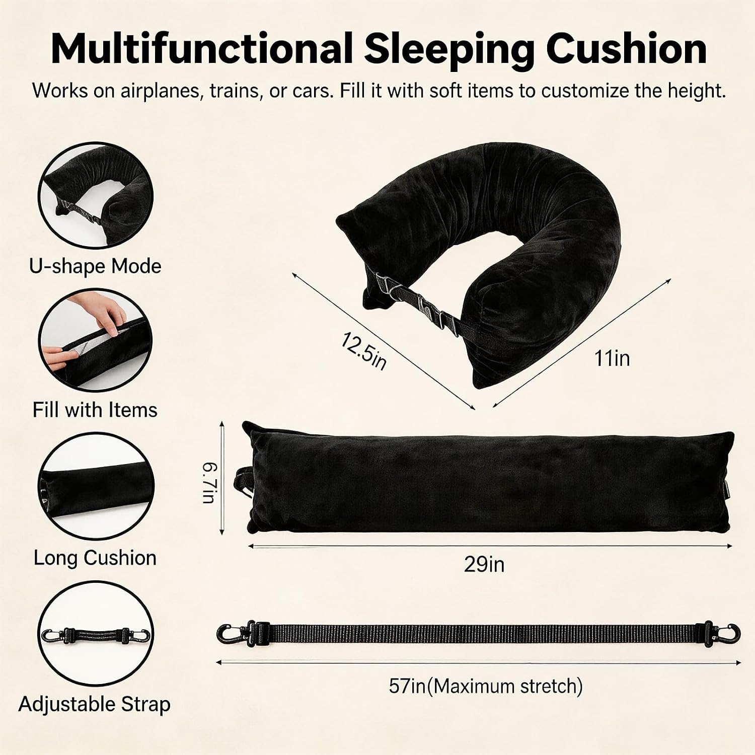 Stuffable Travel Neck Pillow, Velvet U-Shaped Cushion, No Fillings Neck Support for Airplane Car Home Office Camping (Black)