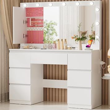 TRIUMPHKEY Dressing Table with Large LED Mirror,Brightness Adjustable,Vanity Table Makeup Desk with 7 Drawers and Power Outlet,Jewelry Storage Cabinet,White Bedroom Furniture