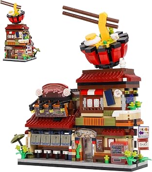 Japanese Ramen Shop Mini Building Block Set,1102 PCS Creative DIY City House Home Decor Model MOC Street View Noodle Restaurant for Adults Noodle Shop
