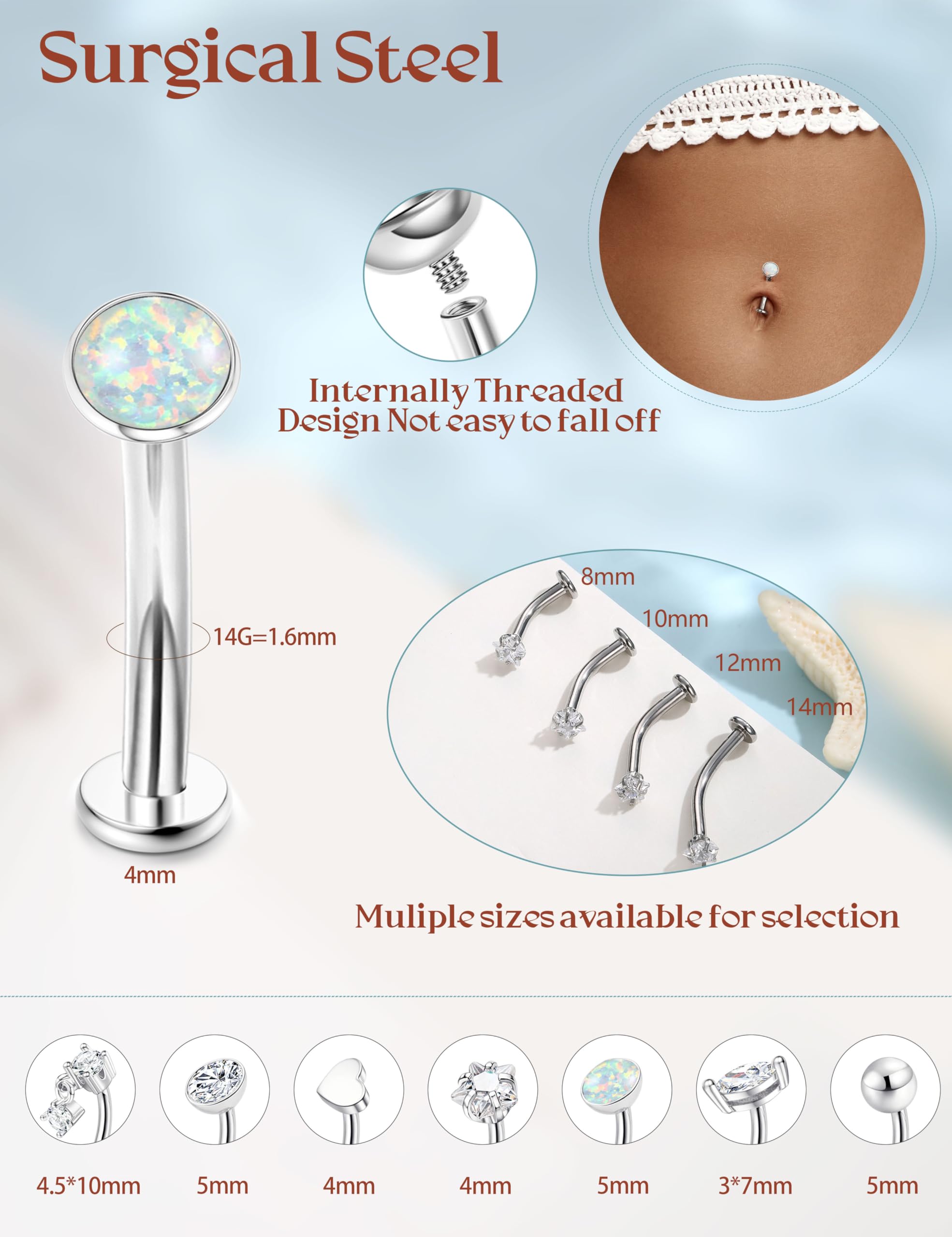 KRFY Piercings Ombligo para Mujeres, Oro/Plata Piercing Ombligo Acero Quirurgico — view 4