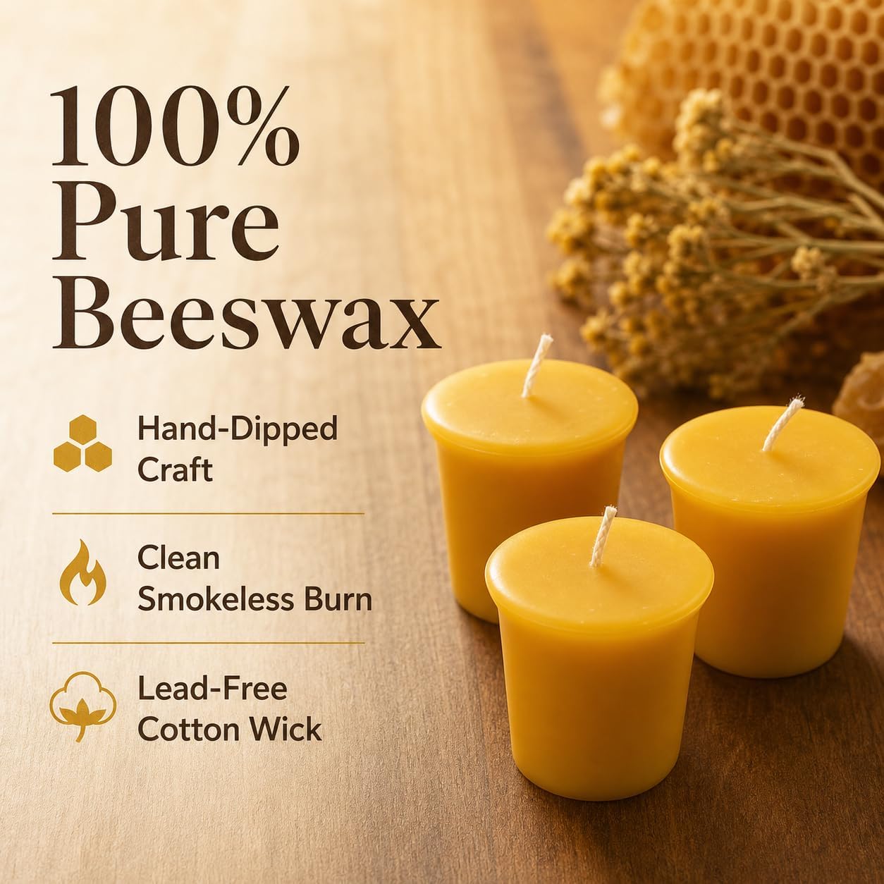 Beeswax Votive Candles 12 Pack, 2x2 Inch, 10-Hour Burn Time (120 Hrs Total), Smokeless & Unscented 100% Pure Natural Wax Candles with Honey Scent for Prayer, Home Decor, Emergency & Weddings