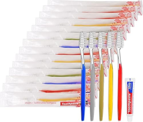 skourvut Cepillos de dientes desechables con pasta de dientes envueltos individualmente, 5 colores, cepillo de dientes a granel y pasta de dientes,