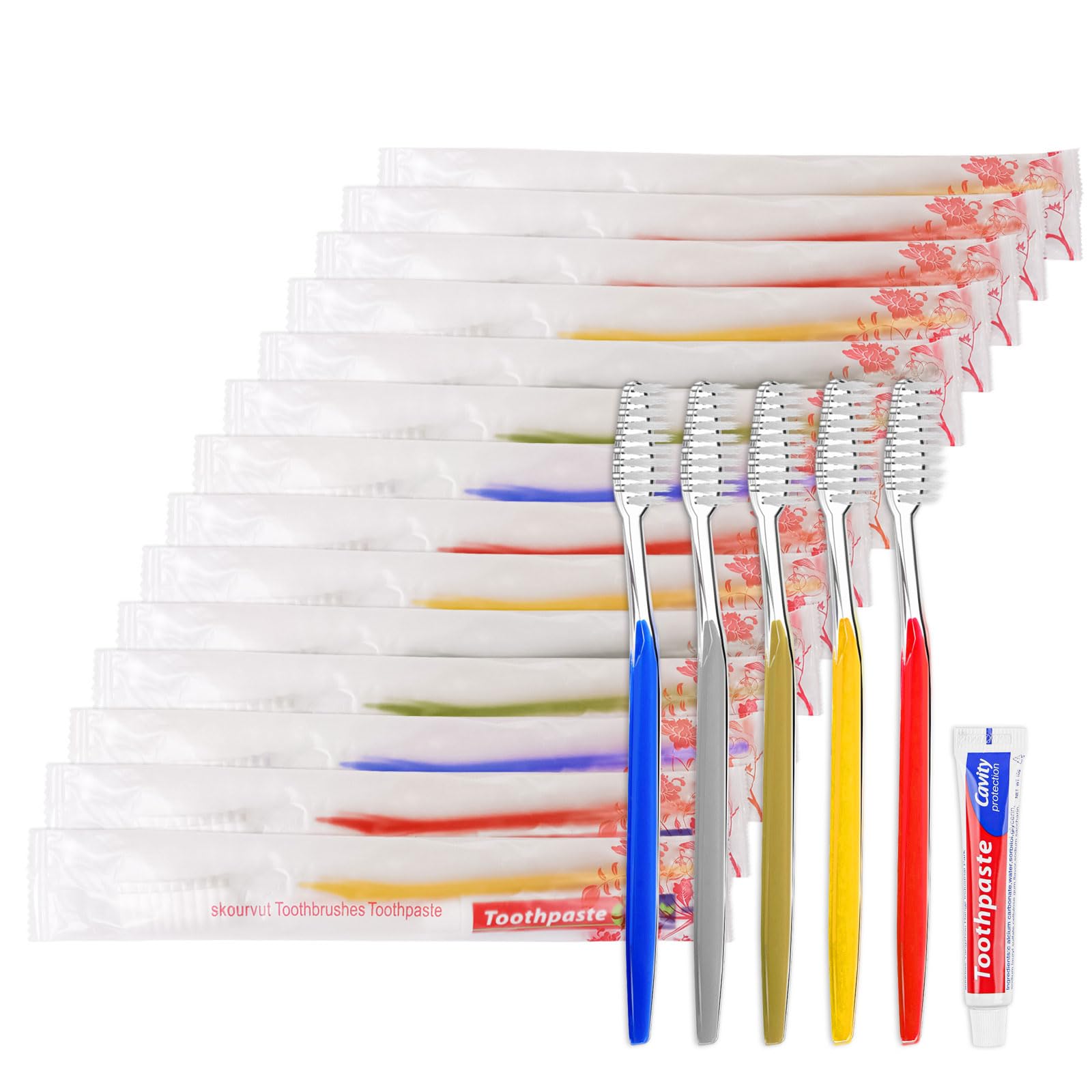 Disposable Toothbrushes with Toothpaste Individually Wrapped 5 Colors Bulk Toothbrush and Toothpaste 10g for Homeless,Shelter,Air Bnb/Hotel/Guest Apartment (50)