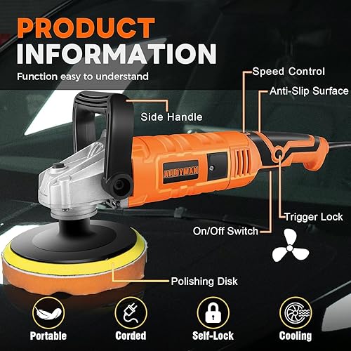 Miniatura 6 de Alloyman Juego de pulidora de búfer de 1200 W, detalles de coche de 7 pulgadas6 pulgadas con 7 velocidades variables de 600 a 3000 RPM, mango