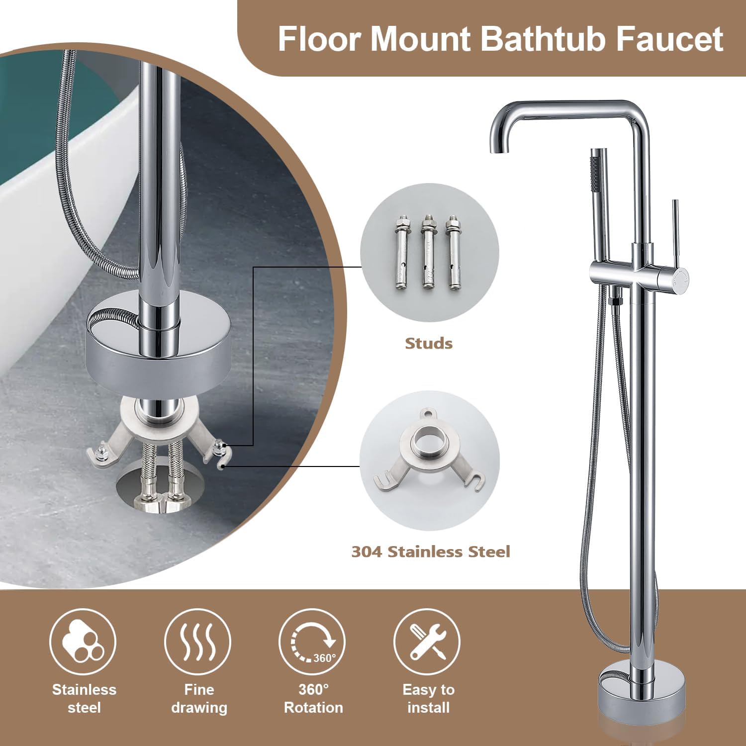 SATICO Tub Faucets Chrome Floor Mount Stand Alone with Hand Held Shower Freestanding Soaking Bathtub Faucets Mixer Spout, Model FF009