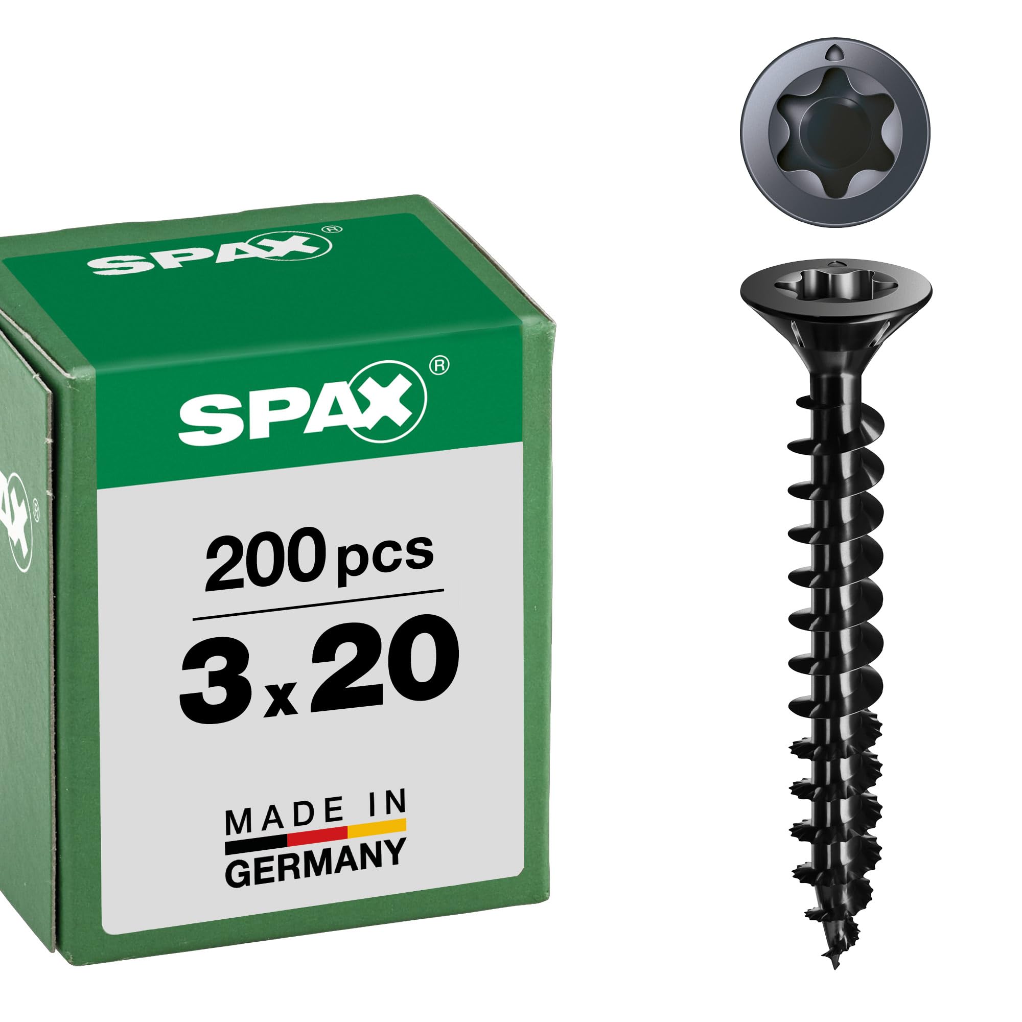 Spax Universal Screw, Countersunk Head, Black, T-Star Plus, Full Thread (3 x 20 mm, Pack of 200)