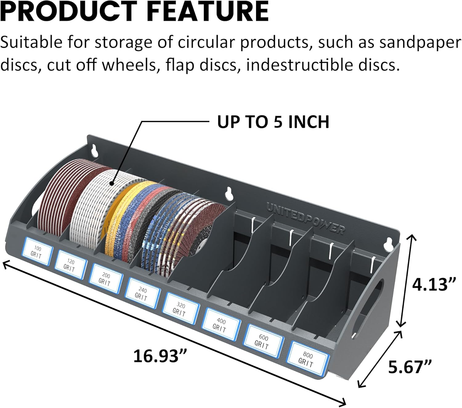 UNITEDPOWER Sanding Discs Holder, 8 Slots Wall Mount Metal Sandpaper Storage Rack for Workshop, Shed, Garage Classified Organization, Fit Most of Sandpaper