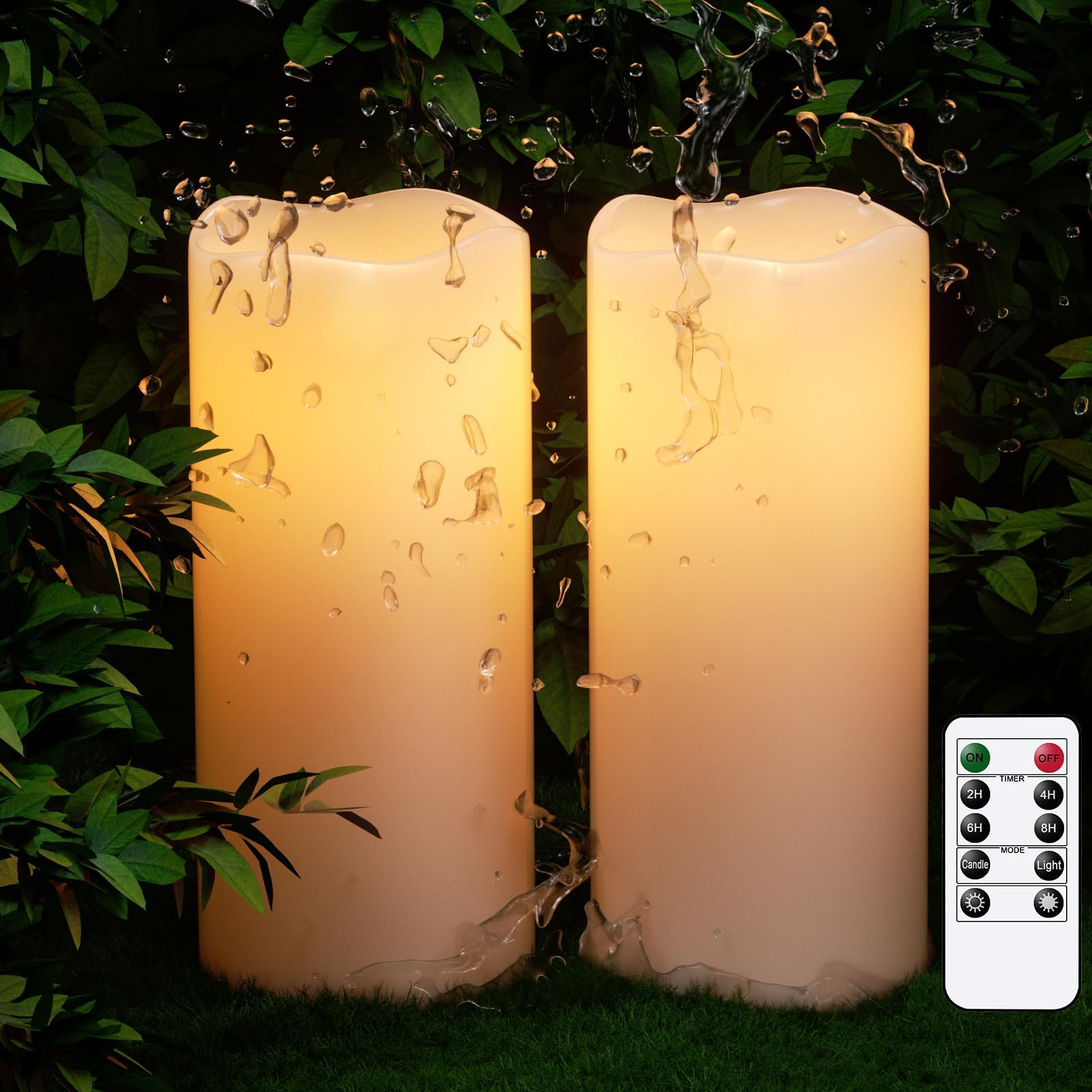 GenSwin Waterproof Outdoor Flameless Candles Battery Operated with Remote Timer, Large Flickering LED Pillar Candles for Indoor Outdoor Lanterns, Wonโt melt, Long-Lasting(White, Set of 2) D4 x H8 8"