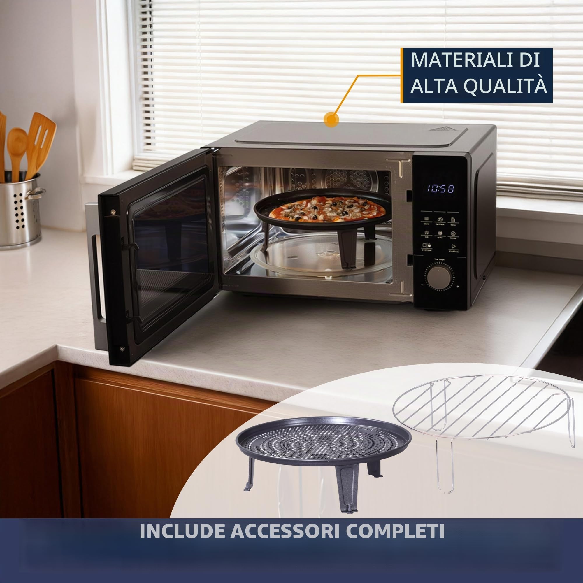 Sommertal Microonde 4 in 1 MW2200 25L – Touch, grill, aria calda, 8 programmi, timer da 99 minuti, sicurezza per bambini, avvio rapido, ruggine, padella per crisp