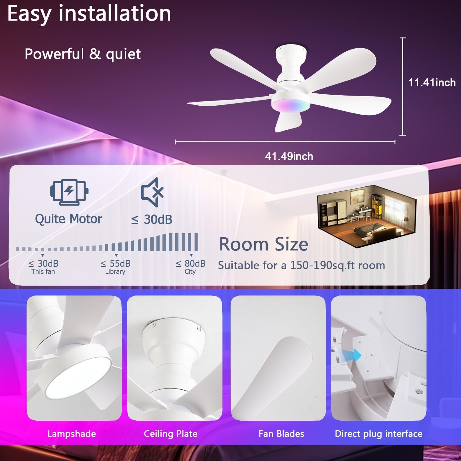 NKPU 42 Inch Ceiling Fans with Lights and Remote/App Control, Flush Mount Ceiling Fan with RGB Dimmable Light, Noiseless Modern White Small Ceiling Fan for Bedroom Indoor/Outdoor
