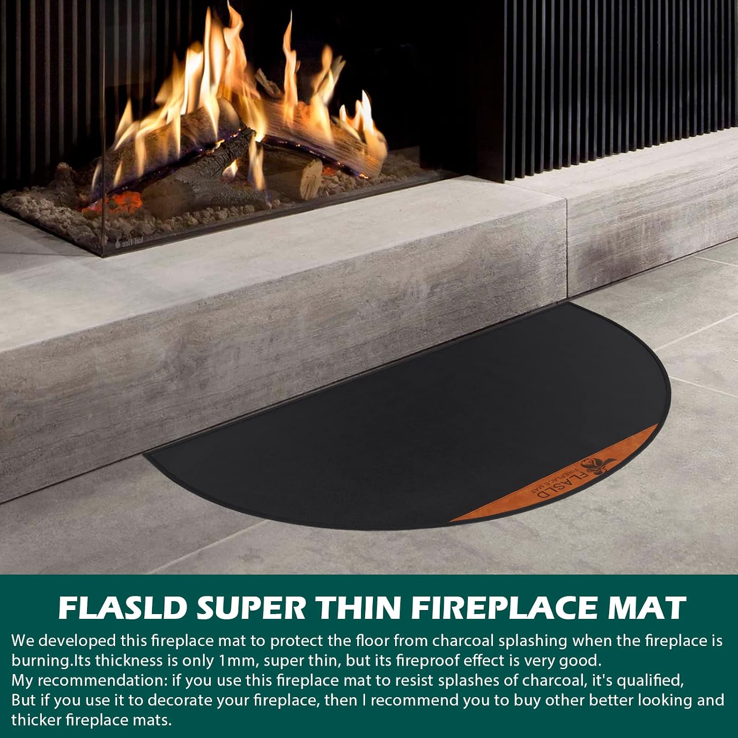 FLASLD Fireproof Fireplace Mat 24×42Inch Half Round Hearth Rug Protects Floors from Sparks Embers, Black with Brown Label