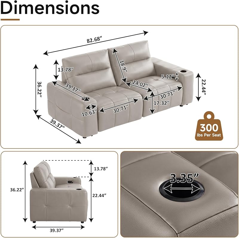 79" Zero Gravity Loveseat Recliner Sofa, Genuine Leather Reclining Couch with Adjustable Backdrests | USB Port | Cup Holders, 3-Seater Modern Sectional Couches for Living Room, Appartment,Khaki image 2