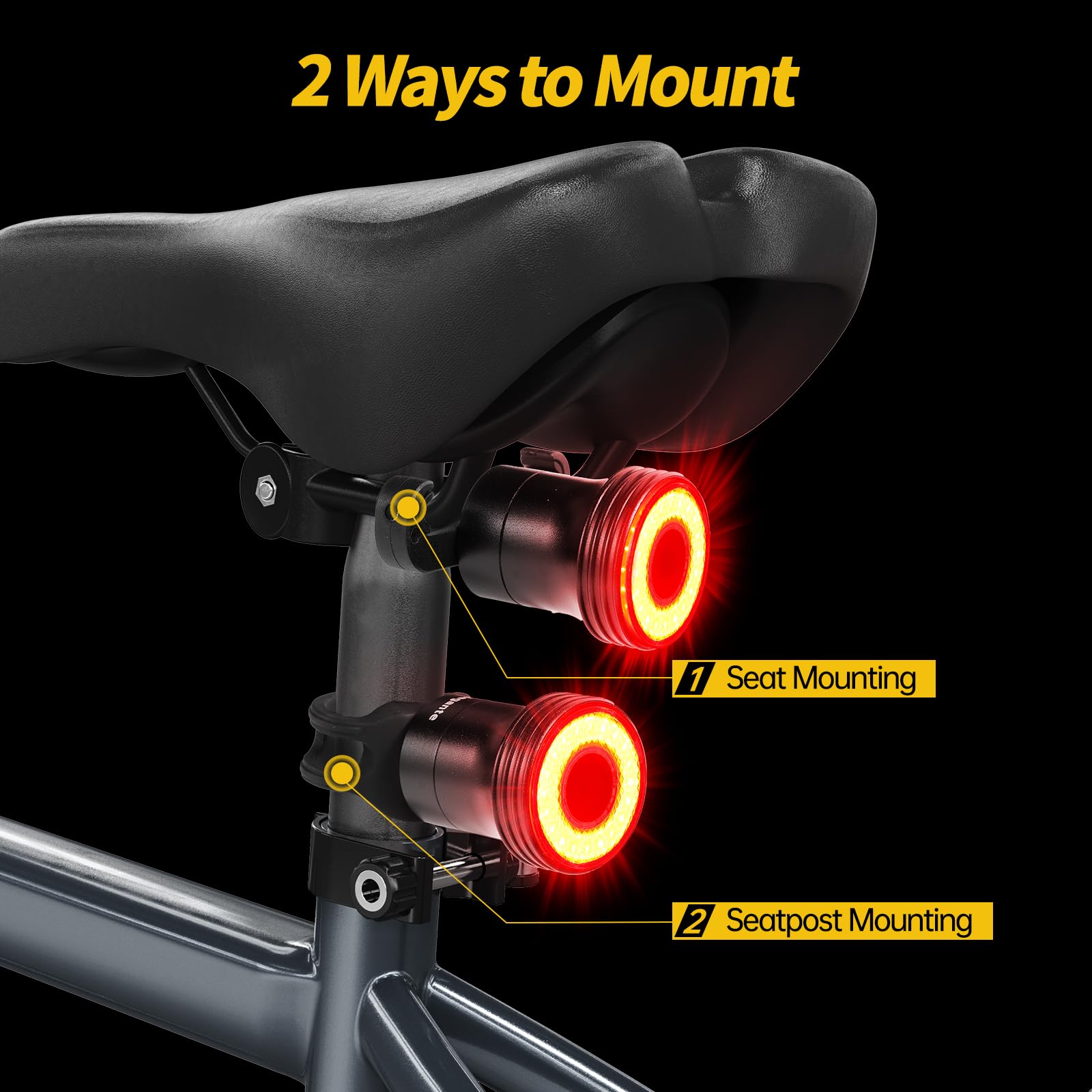 Feu Arrière Vélo Intelligent 22 LED USB C Rechargeable IP65 Étanche Aluminium