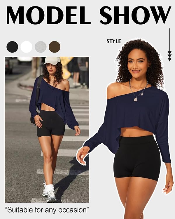 Loose Off the Shoulder Tops for Women Long Sleeve Oversized Crop Tops Workout Spring Summer Casual T Shirt Navy Blue by FIGKICKSEN - Used condition - Image 9