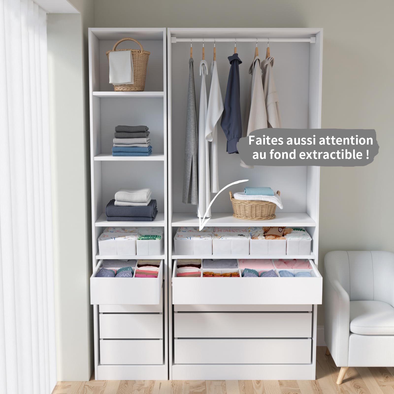 Juego de 16 cajones organizadores compatibles con armario PAX 100 x 58 cm, cajas de tela plegables con base estable para ropa, color blanco