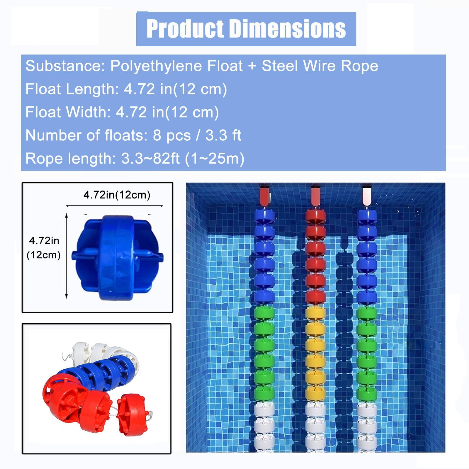 Corde de séparation de piscine de sécurité avec flotteurs, séparation des eaux profondes/peu profondes, kit de ligne sphérique pour la sécurité de la piscine, barrière flottante pour zones de piscine