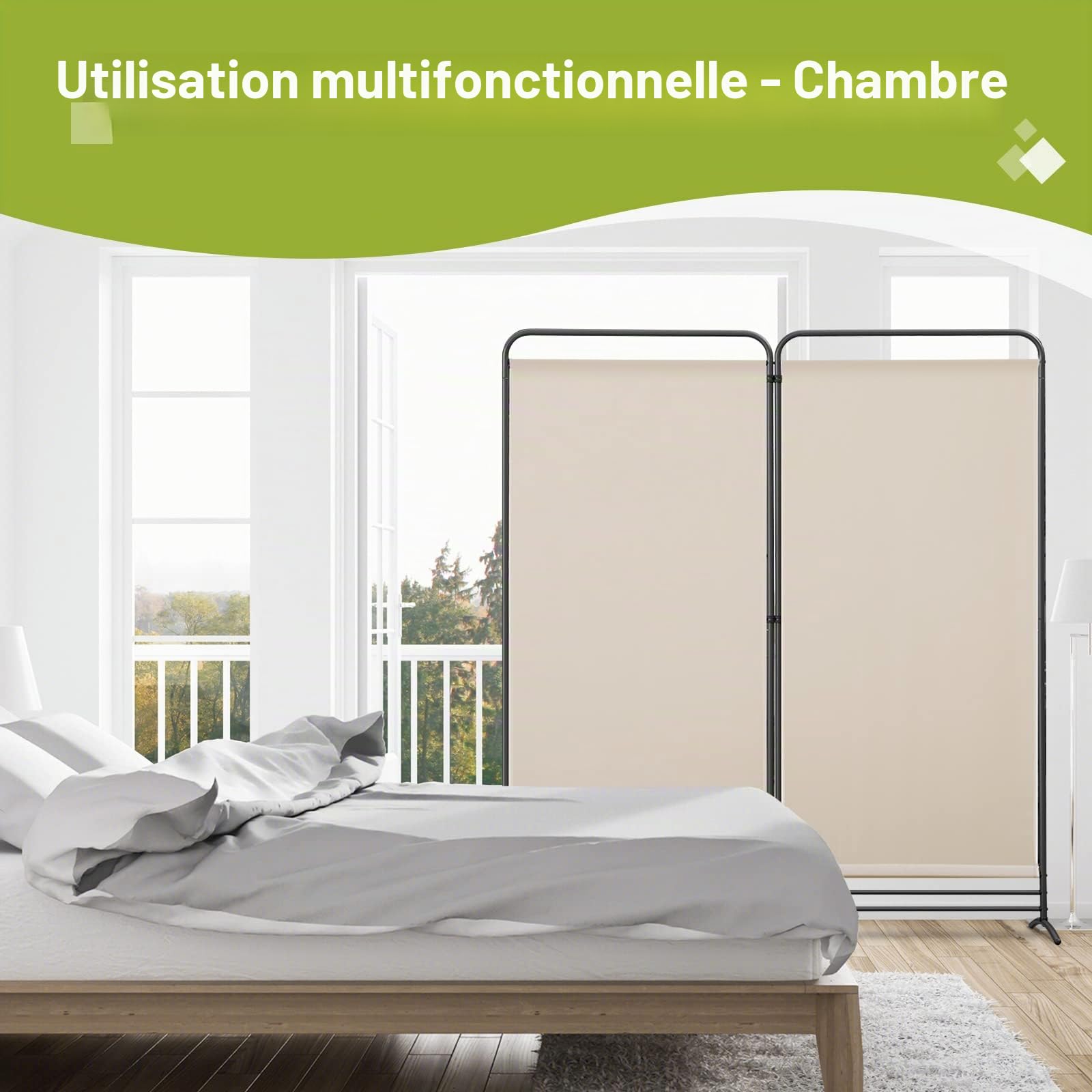 Angel Living Paravent 2 Panneaux Pliable Diviseurs de Chambre Séparateur de Panneaux Indépendant Paroi de Séparation Murale Séparation Visuelle pour Bureaux, Chambre à Coucher, 180 x 162cm (Beige)