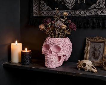 Skull Bowl Decorative Skull Vase Makeup Brush Pen Holder Organizer Dresser Gothic Table Organizer Decoration, Pink Skull Pot Enthusiasts Gifts