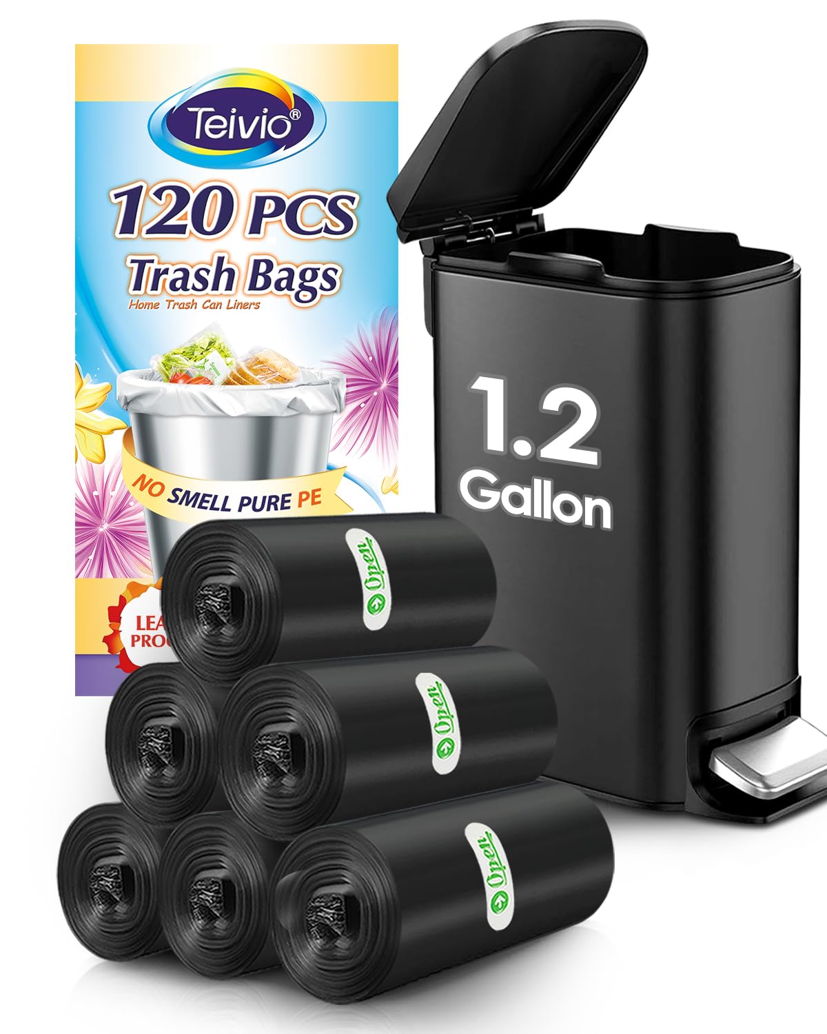 1.2 Gallon 120 Counts Small Trash Bags Garbage Bags, Bathroom Trash Can Bin Liners, Small Plastic Bags for home office kitchen, fit 5-6 Liter, 0.8-1.6 and 1-1.5 Gal, Black