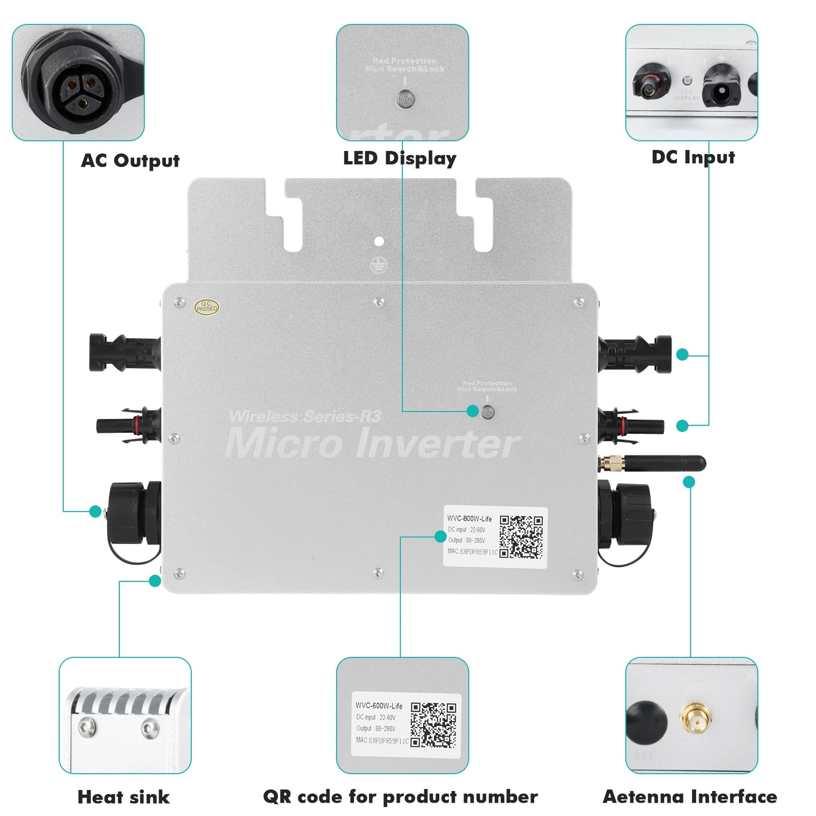 Jadeshay Microinverter,800W Inverter Fotovoltaico Grid Tie Inverter Micro Inverter DC22-60V Inverter di Rete con Sistema di Monitoraggio del Telefono Cellulare per 2 Pannelli Solari