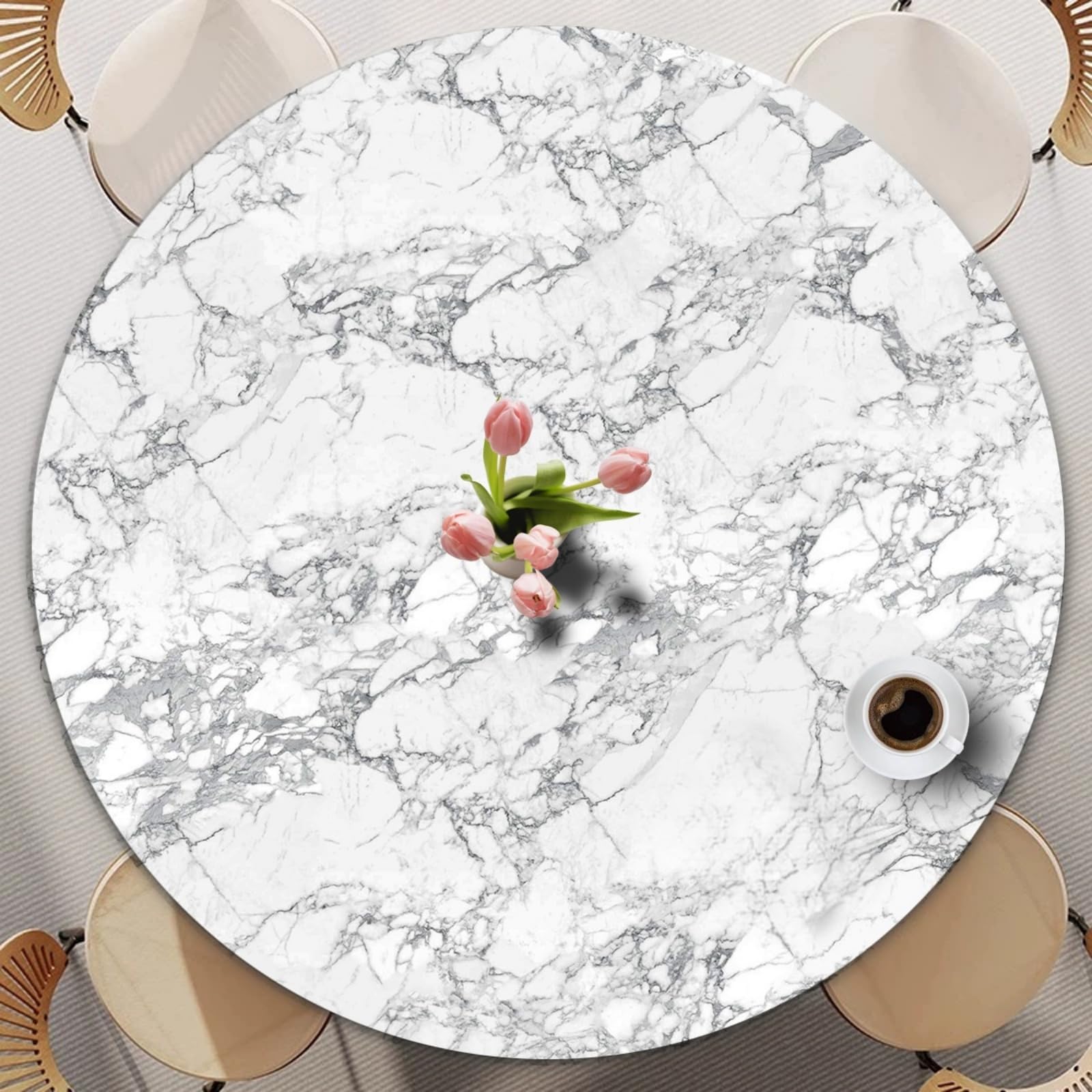 Odot Round Tablecloth Wipe Clean 60-140cm, White Marble Round Outdoor Table Cover Fitted Elastic Edged Washable Circle Table Cloth Protector Decorative for Kitchen Dining Room (Grey,130cm)