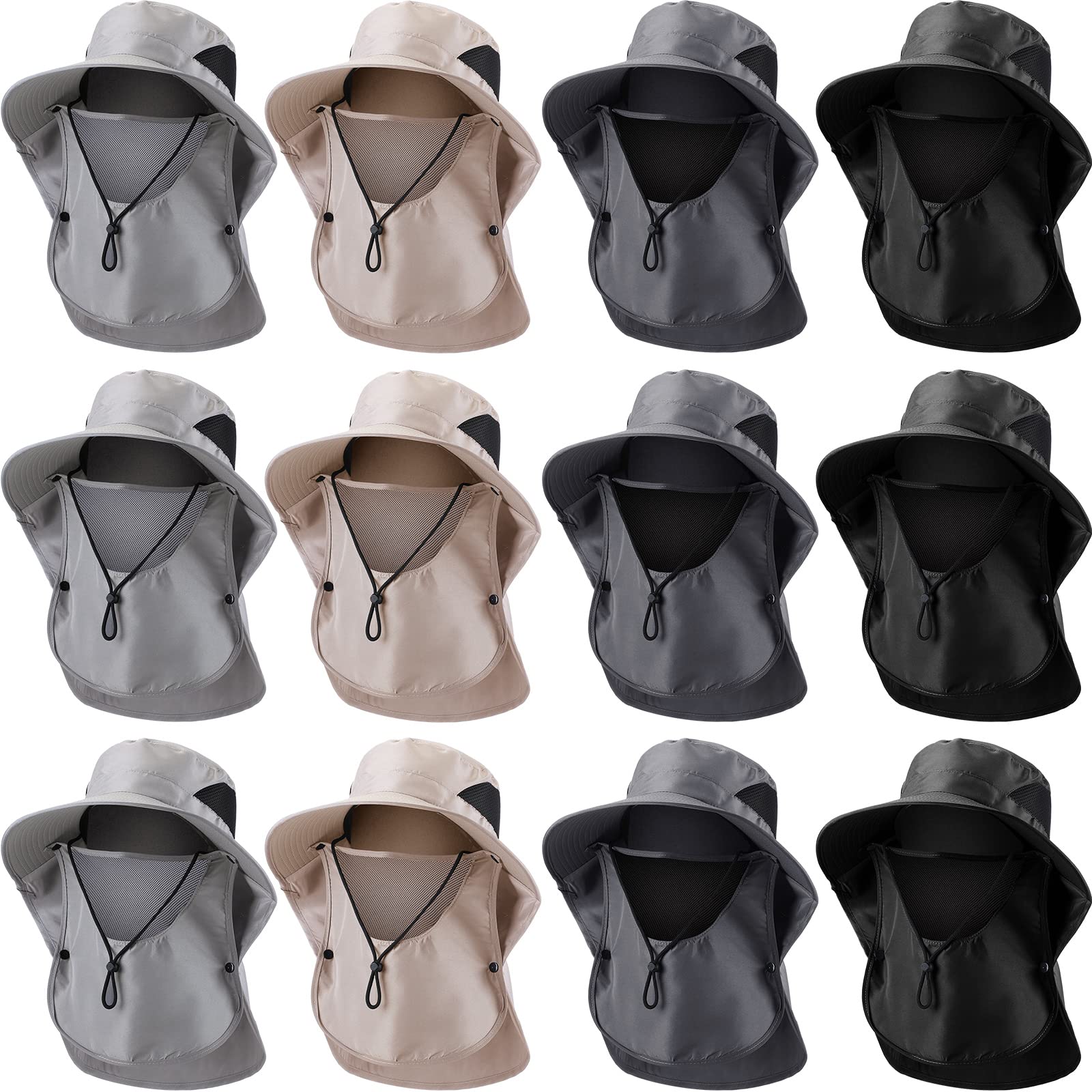 12 cappelli da pescatore per uomini e donne, tesa larga, protezione solare UV, cappello da sole estivo, cappello da trekking per adulti, 4 colori, grigio chiaro, beige e nero, grigio scuro, grigio