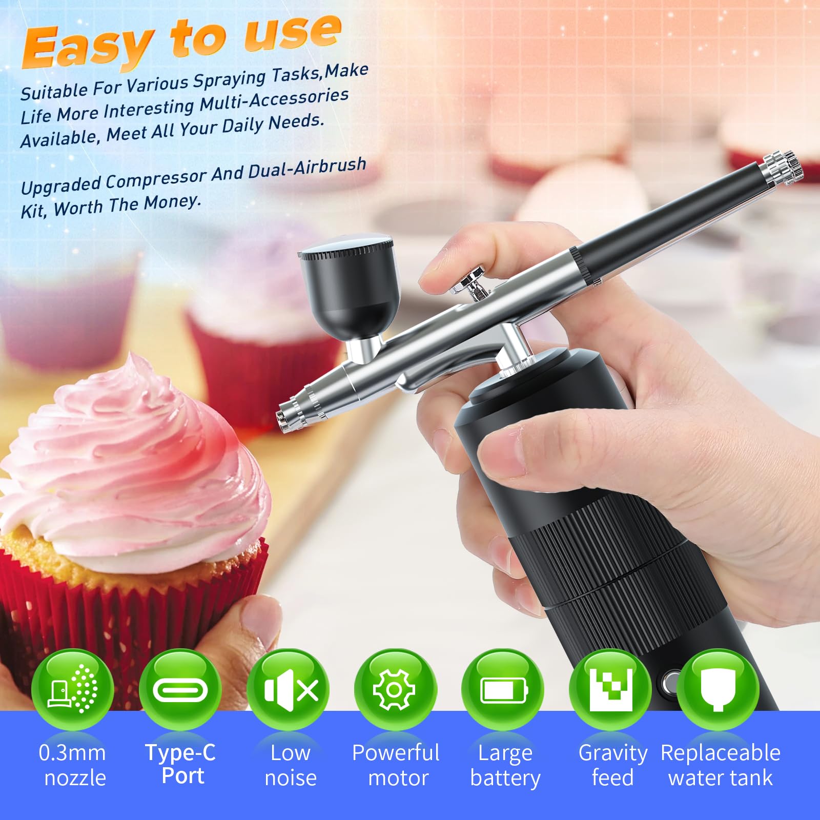 Aerografo Set, Compressore portatile cordless Kit 36PSI multifunzione Aerografo con compressore per decorazioni per torte pittura su modelli nail art cura della pelle (Black-A05)