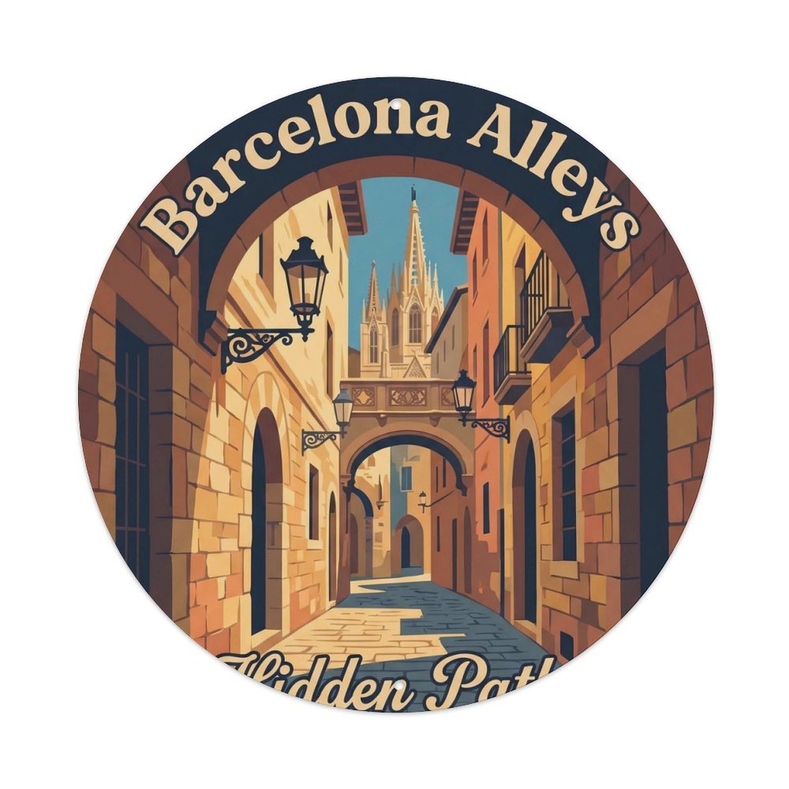 Spanish Barcelona Alley Catalan Historic Classic Travel Landmark Metal Tin Sign Plaque Wall Decor for Cafe, Man Cave, Club Bar, Office, Home Garden Round Metal Poster 8x8Inch
