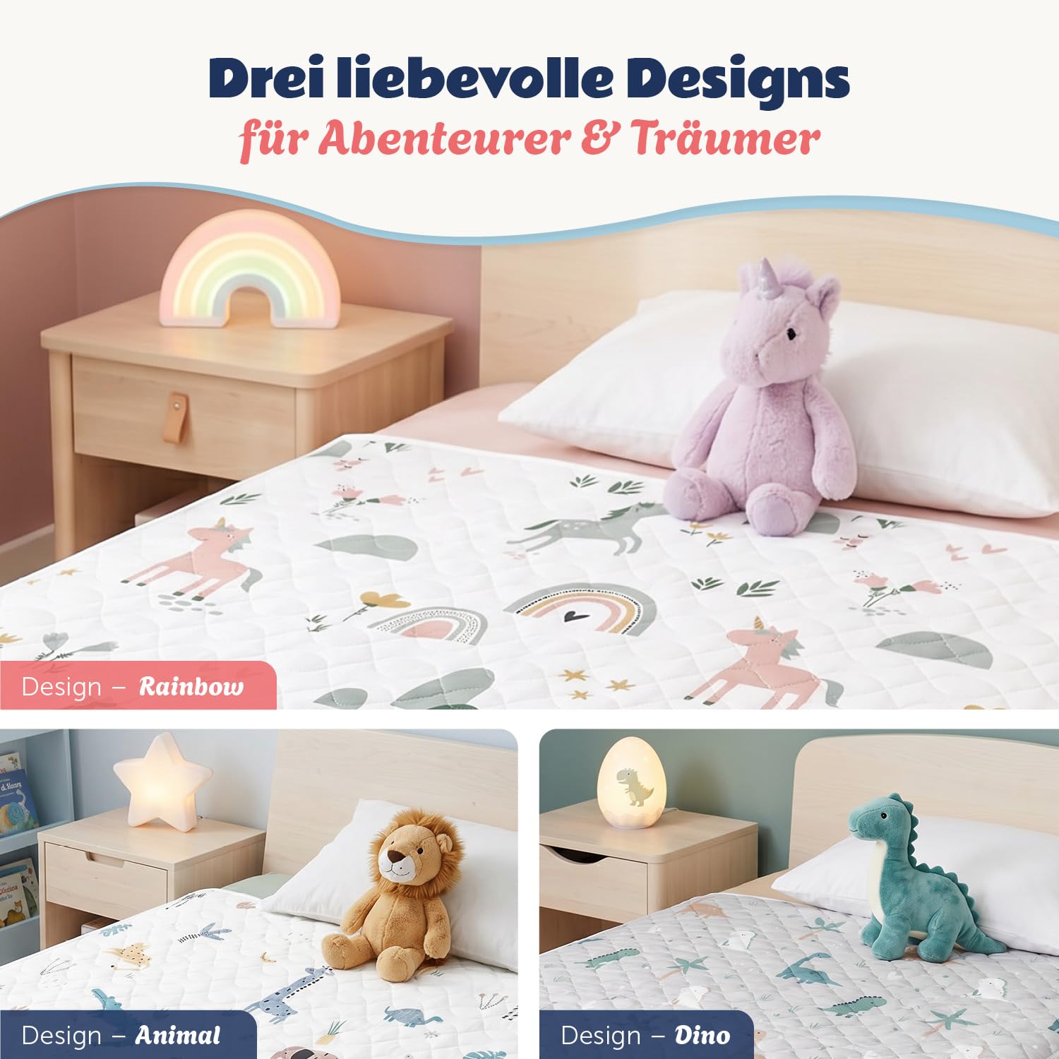 Laleni Bettunterlage wasserdicht Kinder 90x140 cm 2er Set - Oeko-TEX zert. & knisterfreie Matratzenauflage + seitliche Einstecklaschen - Kinder- und Jugendbett 140 cm Breite - Bettauflage Regenbogen