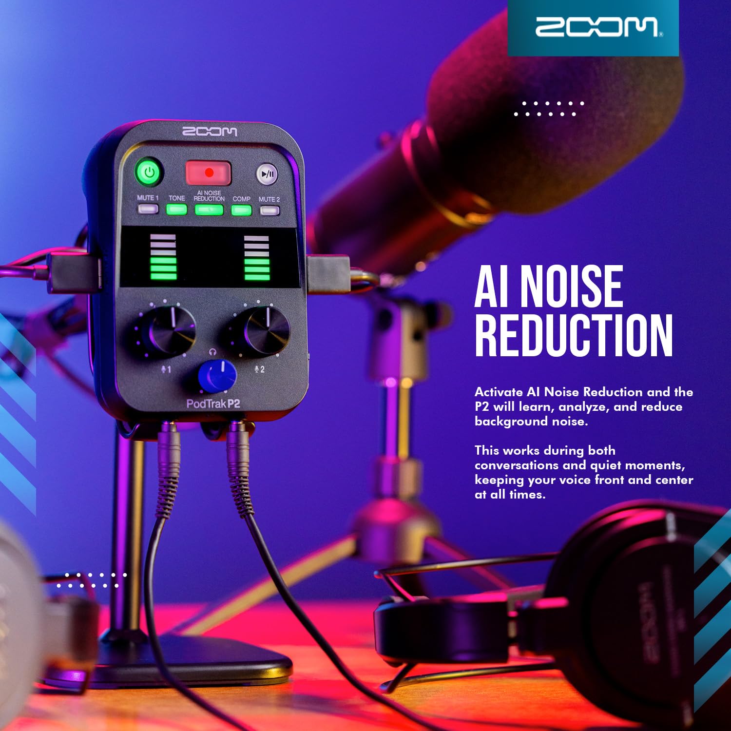 Zoom Podtrak P2 Tragbarer Podcast-Recorder, 2 USB-Mikrofoneingänge, AI-Rauschunterdrückung, 4-spurige Aufnahme, Ton- und Comp-Effekte, Dual-Kopfhörer-Ausgänge mit 2 Sets Podcast-Mikrofon-Pack und