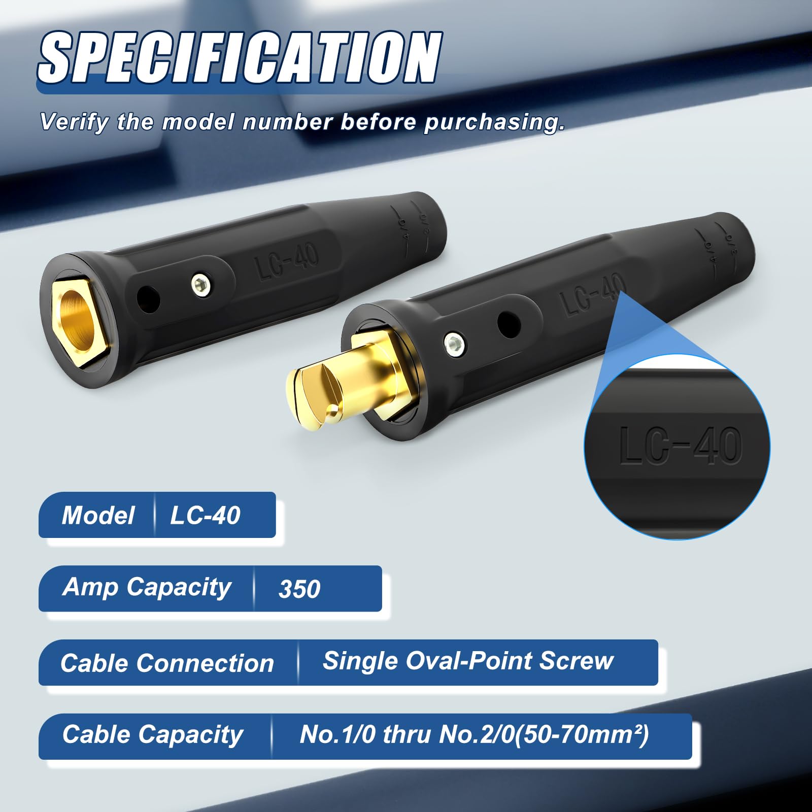 MEANLIN 2 juegos de cables de soldadura LC-40, conectores de cable de soldadura, 1/0 y 2/0 (50-70 mm²), capacidad de tamaño de cable, clasificación máxima de 350 amperios, conectores de soldadura