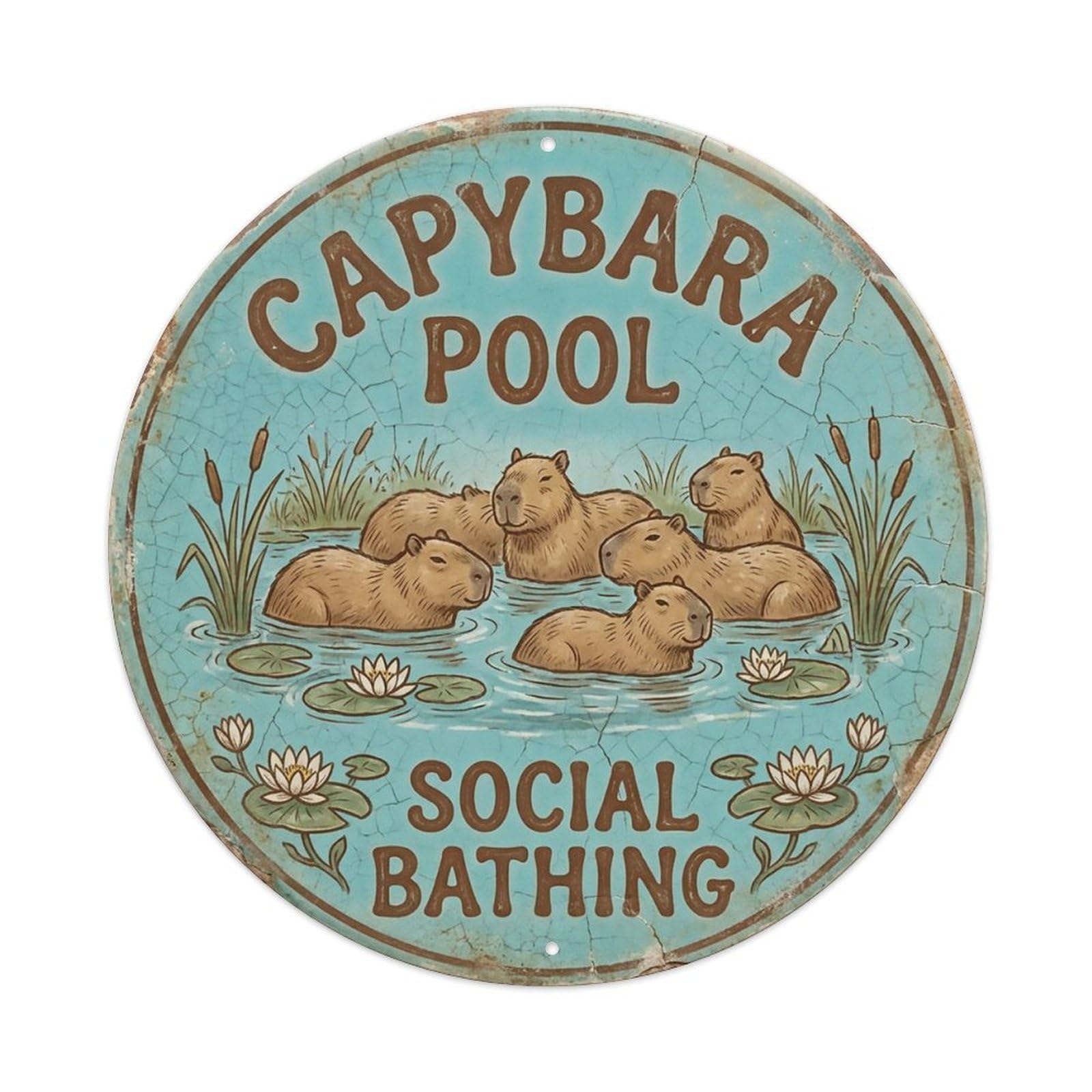 Cxhjca 8X8inch(20X20cm) Capybara Pool Social Bathing Metal Tin Sign