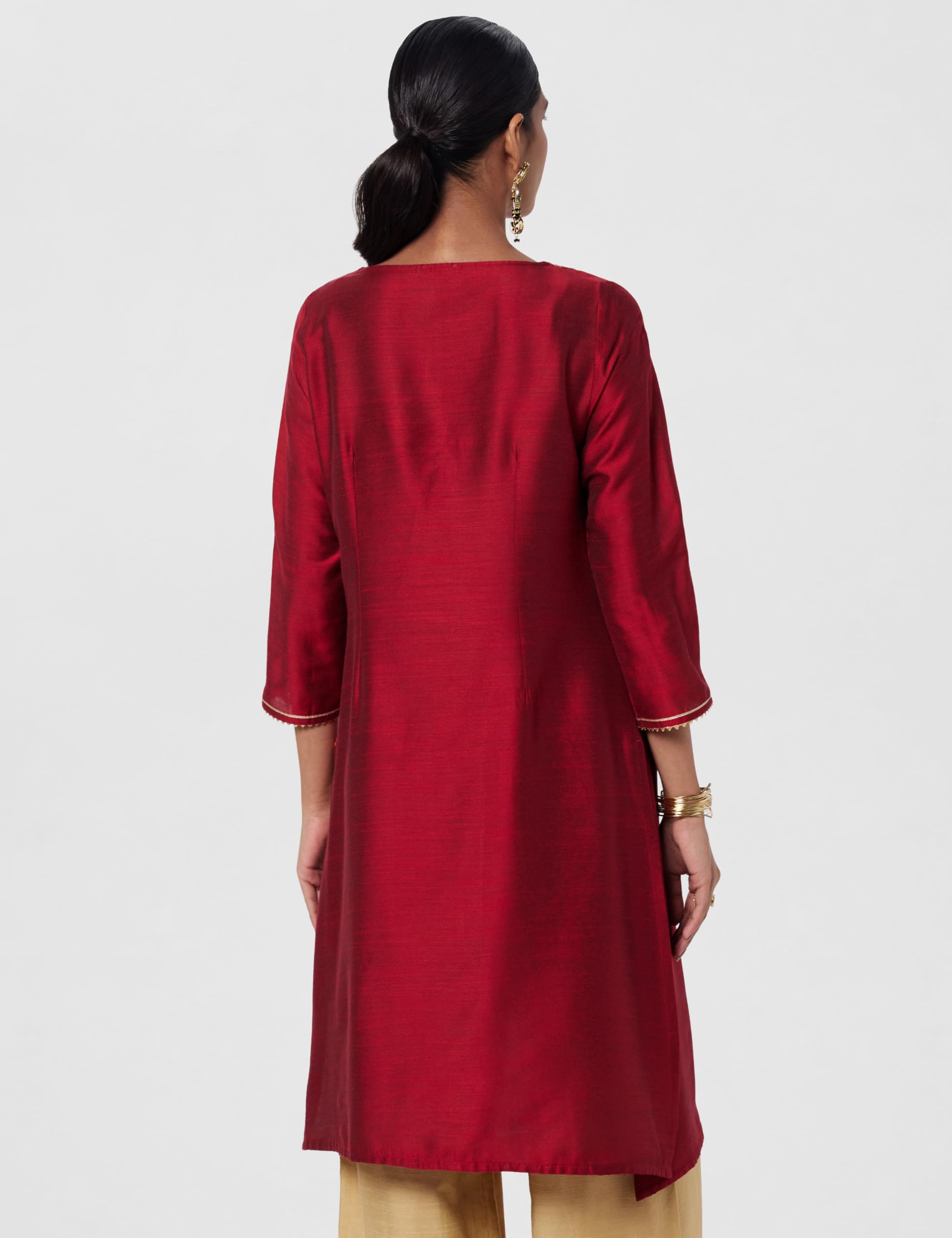 W Burgunderrote solide Spiegelarbeit reine Baumwolle gerade Kurta für Damen