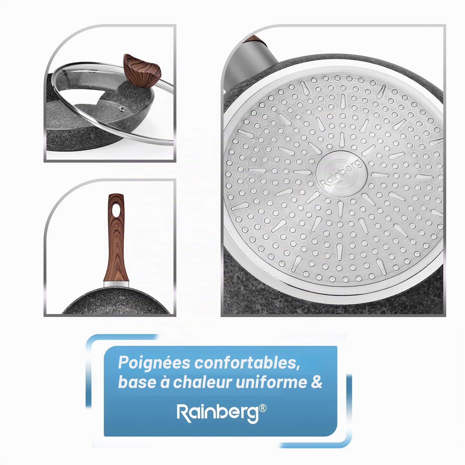 Rainberg Poêle à frire antiadhésive en granit de 28 cm avec couvercle, compatible avec induction (28 cm)