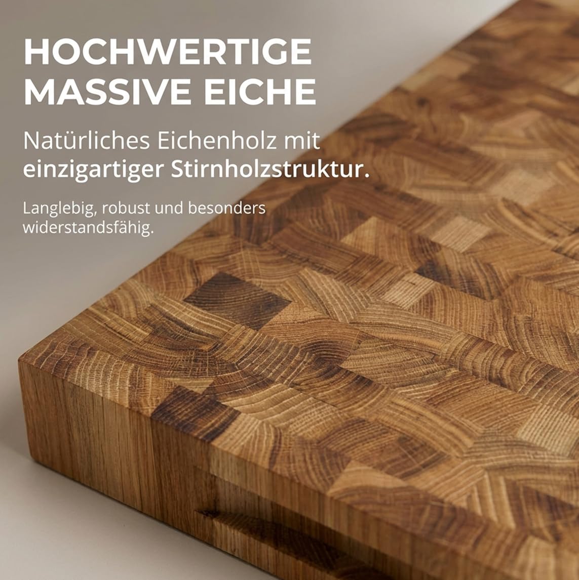 Stirnholz Schneidebrett aus Eiche 40x30x4 cm – Massives Holz Schneidebrett, Hackblock Küche, Messerschonend, Extra Stabil, Beidseitig Nutzbar