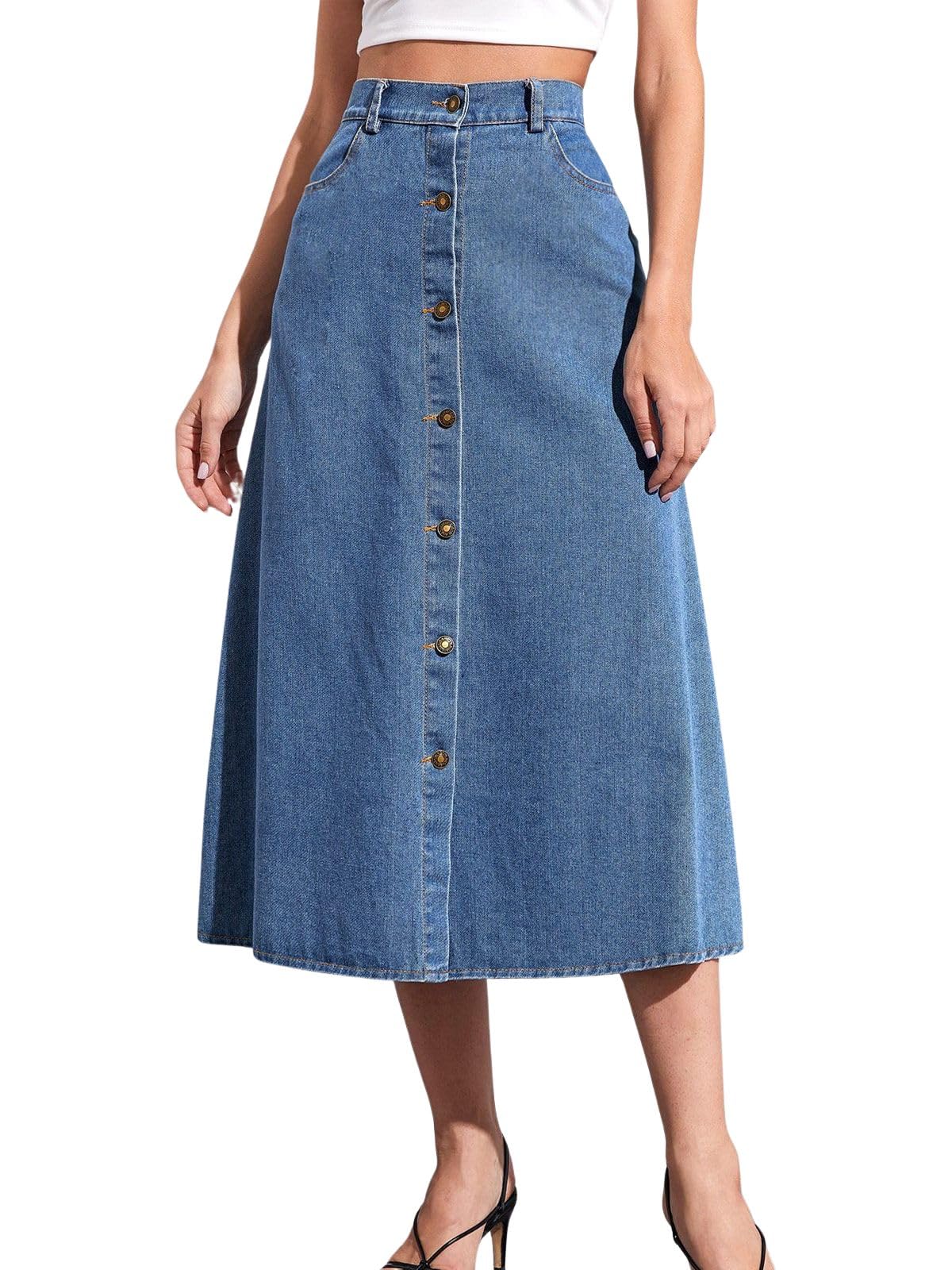 ebossy Womens Fashion High Waist Button Down Flared Midi Jean Skirts Pleated Flowy Casual Denim Skirts with Pockets