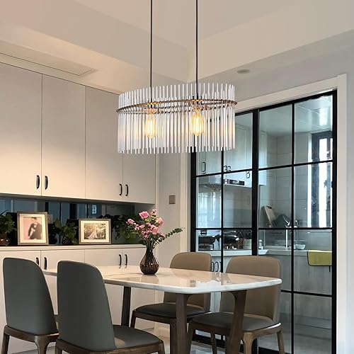 Miniatura 6 de Candelabro moderno de cristal D23.6 de 2 luces, lámpara colgante sobre mesa, lámpara colgante contemporánea, altura ajustable E26 para sala de