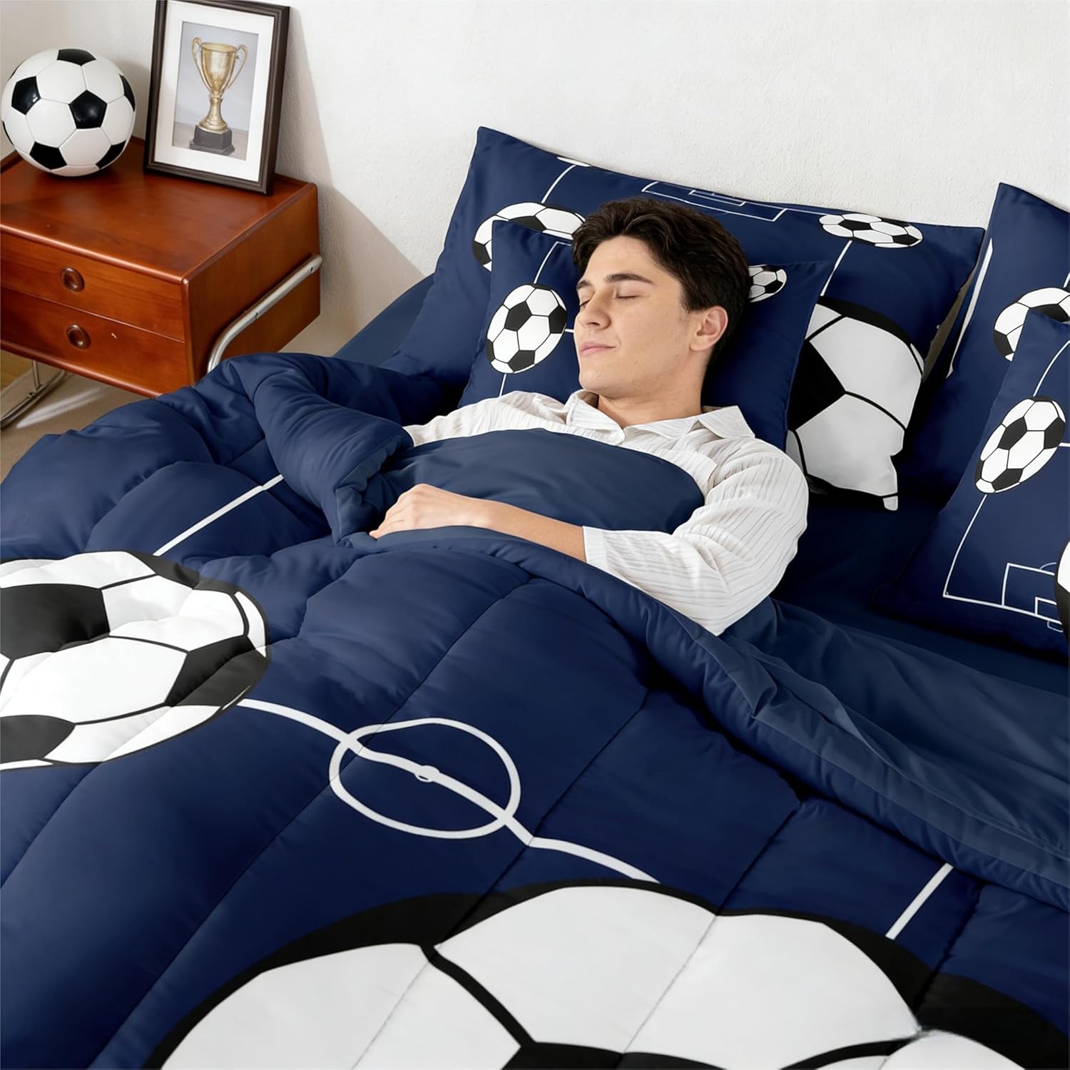 Erosebridal Football Bedding Set Twin Size 7 Pieces Boys Sports Theme for Teens Soccer Ball Pattern Bed in a Bag Football Court Comforter Set with Sheets Playground Blue White for Kids Girls