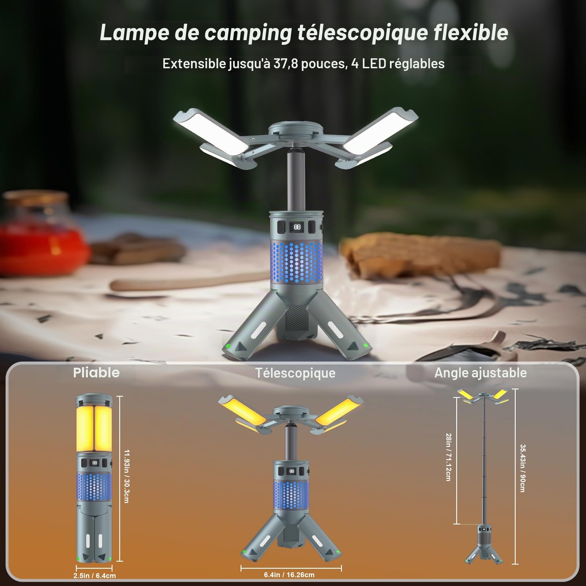 Lampes de camping, lampes de camping télescopiques rechargeables avec support, 12 000 mAh, lanternes de camping et lumières avec RVB, base magnétique, lampes de poche portables pour camping, randonnée
