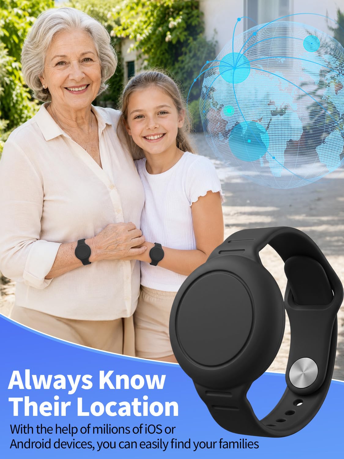 Traceur GPS Enfant, Traceur d'Enfant en Temps Réel Compatible iOS et Android, Sans Abonnement,Relecture de l'itinéraire sur 7 Jours, Bracelet en Silicone avec Cache étanche, pour Enfants/Seniors(Noir)