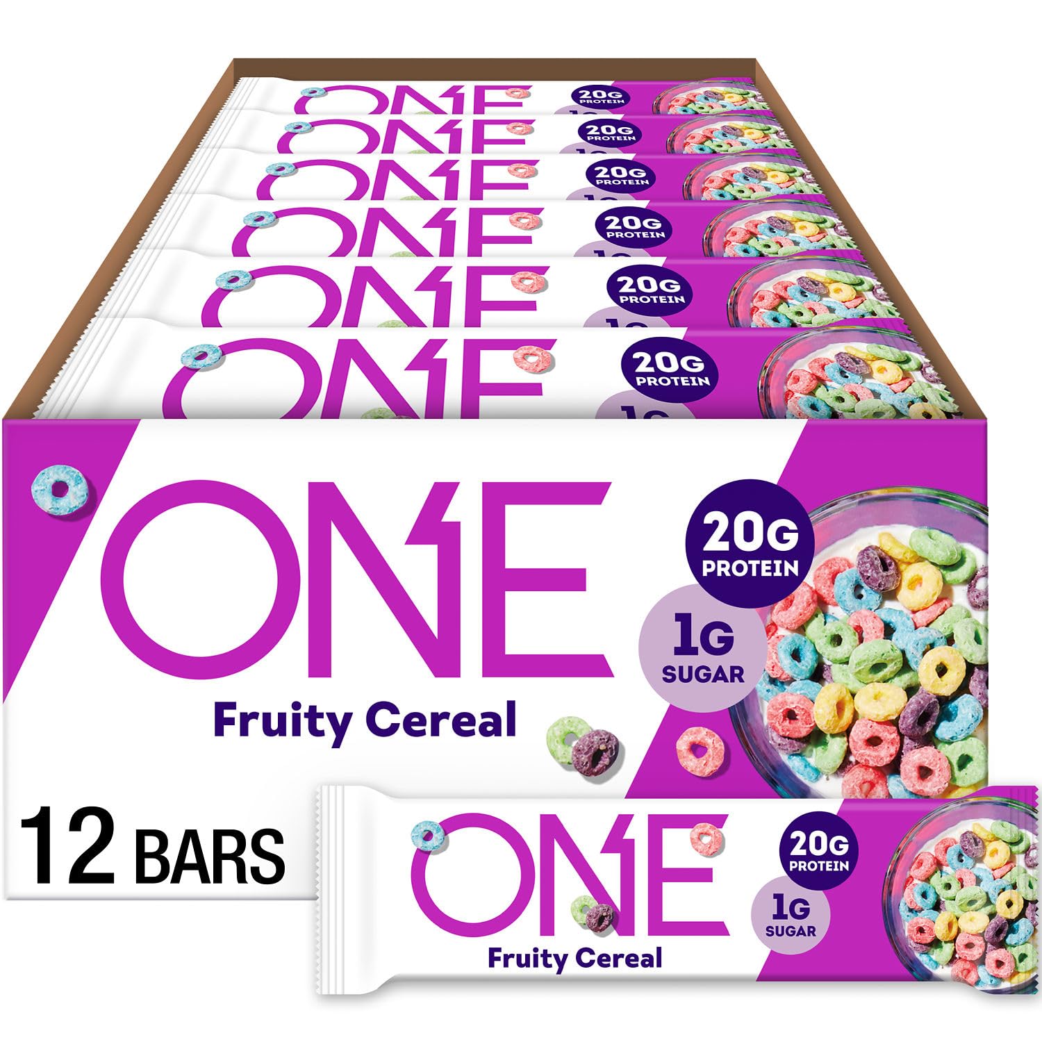 Protein Bars, Fruity Cereal, Gluten Free with 20g Protein and 1g Sugar, Pantry Staples, 2.12 oz (12 Count), Packaging May Vary