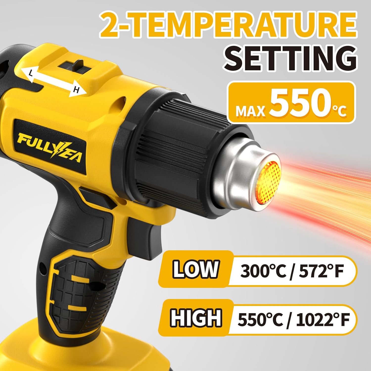 FULLYEA Heat Gun Cordless, 550℃ Fast Heating Gun, 2-Temperature Setting, Portable Hot Air Guns with 2 * 4.0Ah Batteries & 5 Nozzles, Handheld Small Heat Gun Kit for Shrink Tubing, Crafting (Yellow)