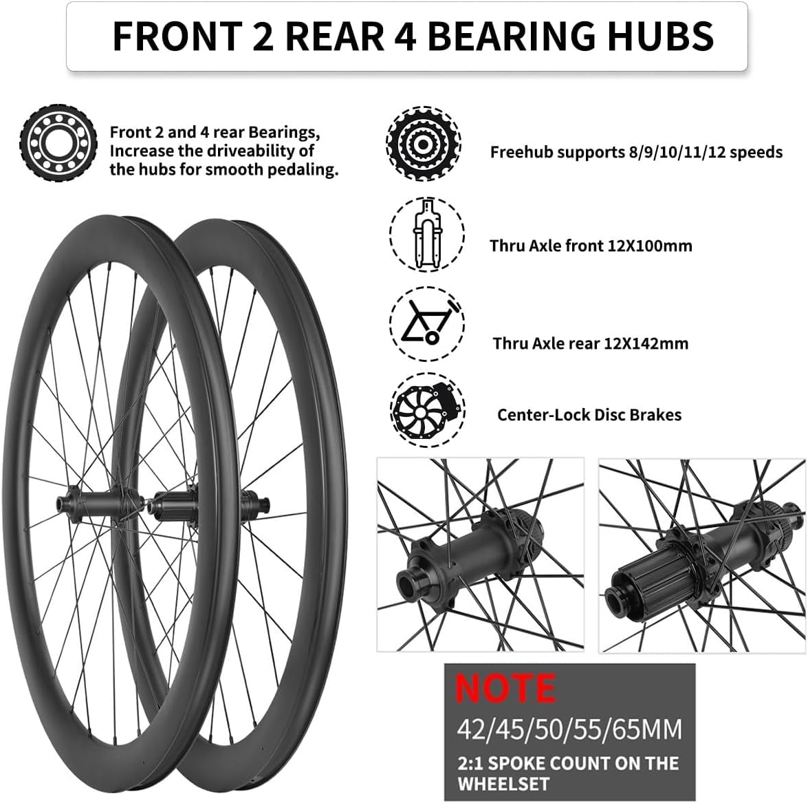 Set di Ruote da Bici da Strada in Fibra di Carbonio 700C Altezza 28/32/35/38/42/45/50/55/60/65/73 Mm Mozzi con Perno Passante Center Lock E Freno A Disco 24H per Cassette A 8/9/10/11/12 velocità