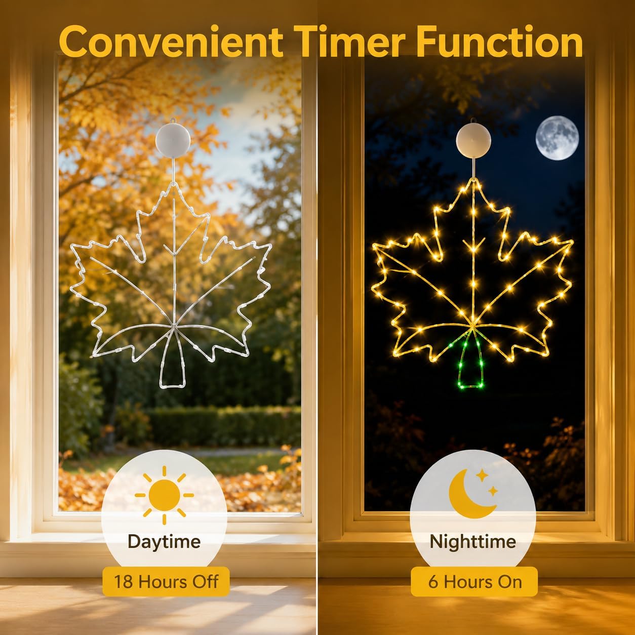 2 Pack Thanksgiving Decorations Lights, Maple Leaf Window Lights with Suction Cups, Metal Frame Decorative Light with Battery & Auto Timer, Fall Harvest Decor for Home (Yellow Maple Leaves)