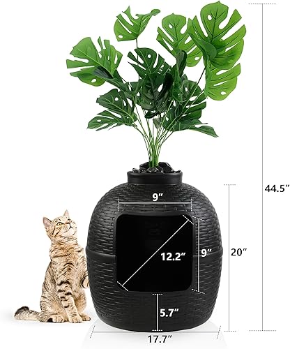 Miniatura 4 de Caja de arena oculta con planta sintética, muebles con patrón de ratán para gatos grandes, filtro de carbono, fácil de montar y limpiar, color negro