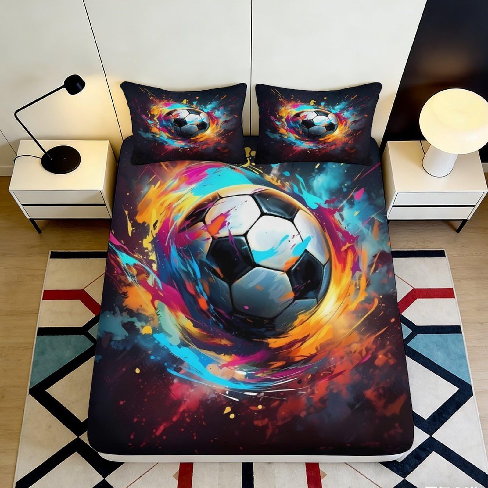 3D Printed Soccer Fire Fitted Sheet Microfiber Soft Colourful Splash Bed Cover for Bedroom Guest Room Decor 90x200x25cm