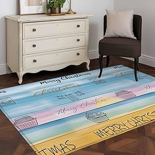 Merry Christmas Area Rugs 3'x5', Small Throw Rugs for Living Room Bedroom, Blue Wood Clothes Laundry Room Washing Machine Indoor Outdoor Rug Non-Slip Low Pile Carpet Runner Reversible Floor Mats